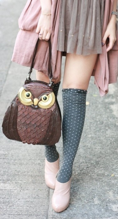 grey dotted women socks, knee high women socks, owl, purse