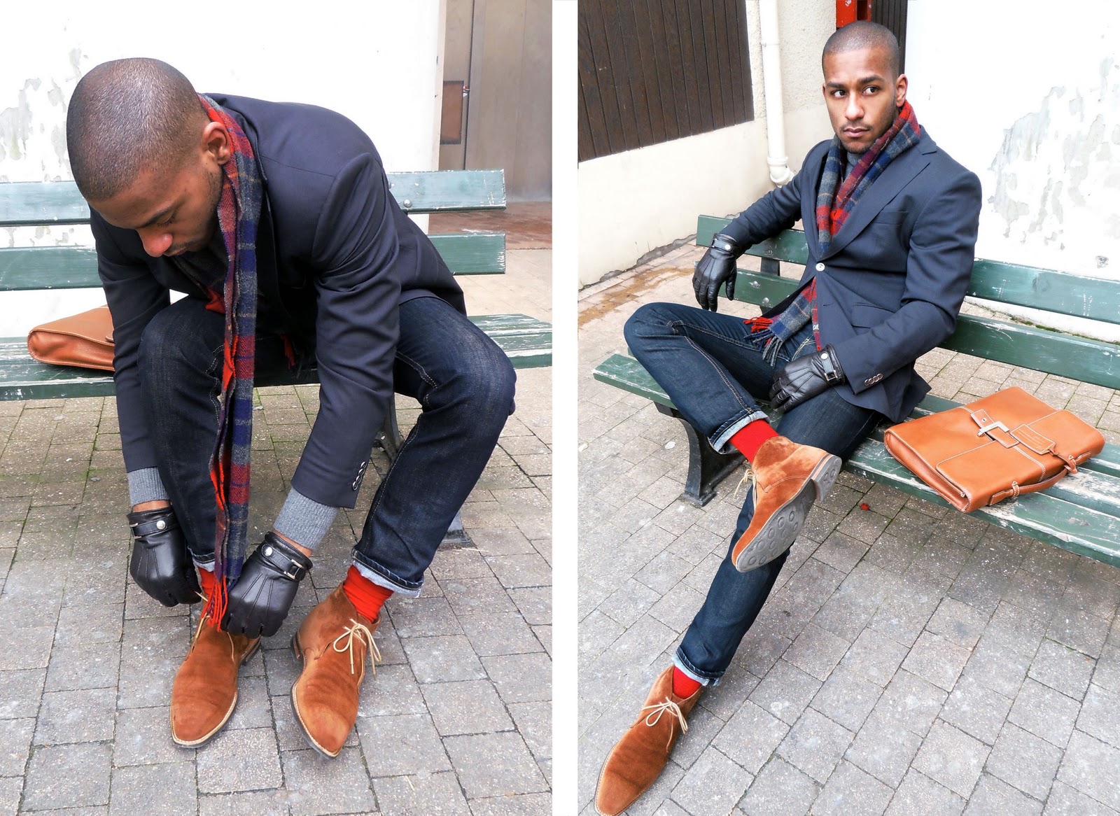 red socks, scarf, leather gloves, streetstyle