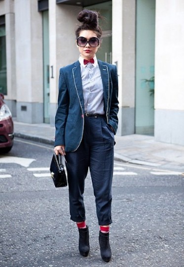 street style, women socks, red socks, bow tie, black purse